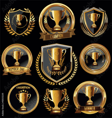 Trophy and awards golden badges and labels collection