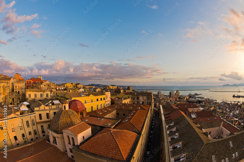 Panoramic view of Cagliari downtown at sunset in Sardinia, Italy