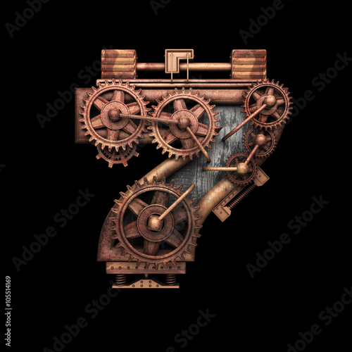 7 isolated rusted letter with gears on black