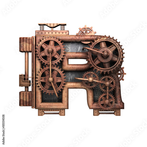 r isolated rusted letter with gears on white