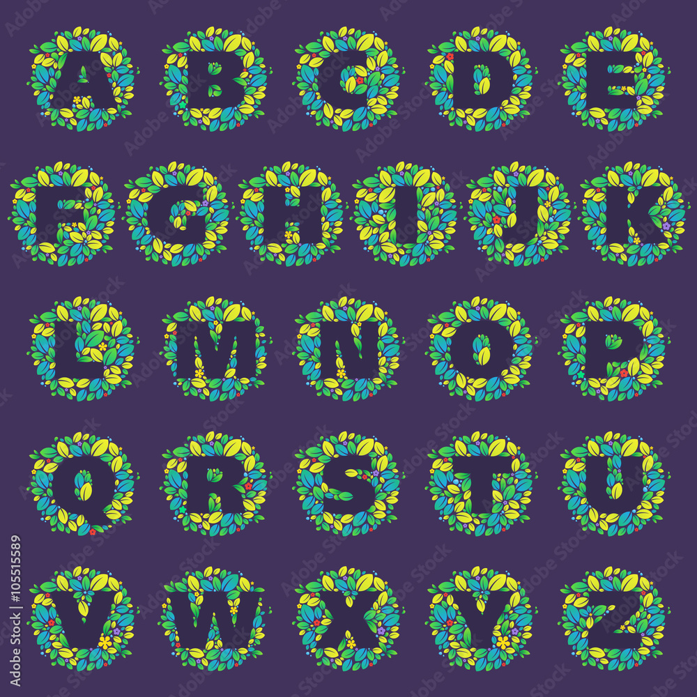 Alphabet letters logos in a circle of leaves and flowers. Alphabet letters logos in a circle of leaves and flowers.