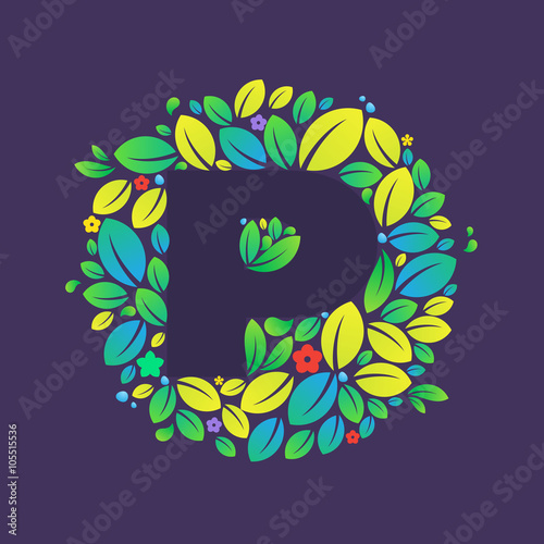 P letter logo in a circle of  leaves and flowers.