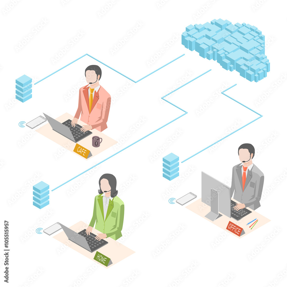 Isometric poster shows the use of internet technology for modern business. Isometric poster shows the use of internet technology for modern business.