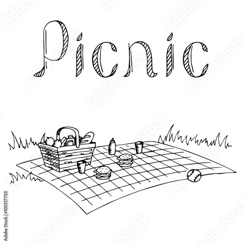 Picnic graphic art black white illustration vector