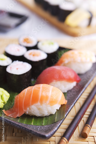 Various Japanese sushi on a plate, shallow depth of field