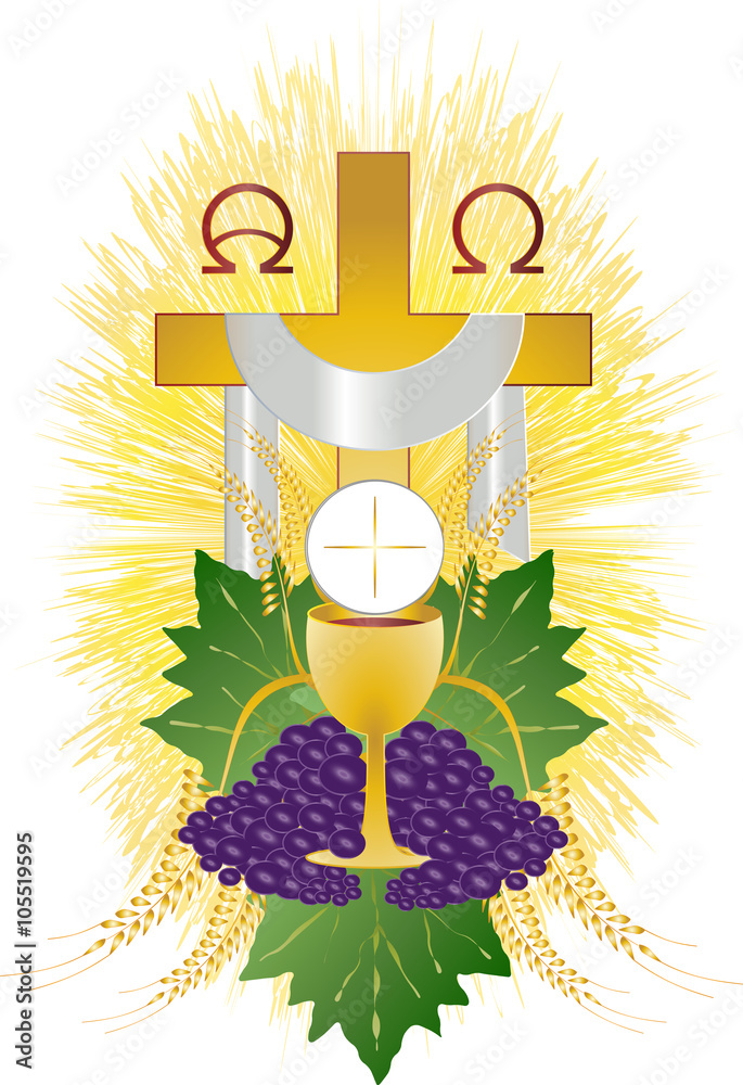 Eucharist symbol of bread and wine, chalice and host, with wheat ears wreath and grapes, with a cross. First communion illustration. - obrazy, fototapety, plakaty 
