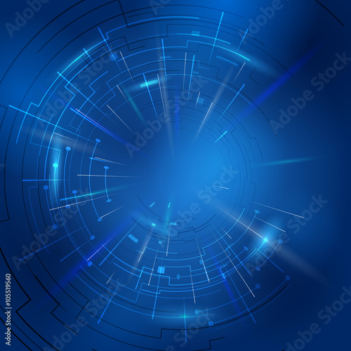 Abstract technology background of circular lines and rays. Modern blue backdrop with light effects. Vector illustration for digital industry, hi-tech, science, engineering, computer systems, etc