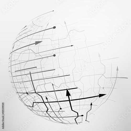 Abstract spherical mesh of geometric lines. Globe grid surface with arrows and dots. Qualitative vector illustration for digital industry, hi-tech, science, engineering, computer systems, etc