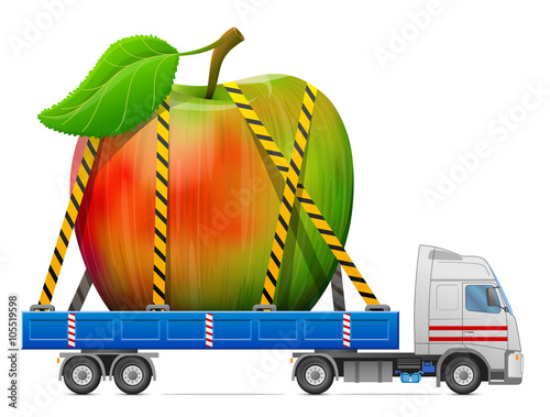 Road transportation of apple fruit. Delivery of big apple with leaf in back of truck. Qualitative vector illustration about apple, agriculture, fruits, cooking, gastronomy, etc