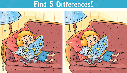 Find differences game with a cartoon boy reading a book