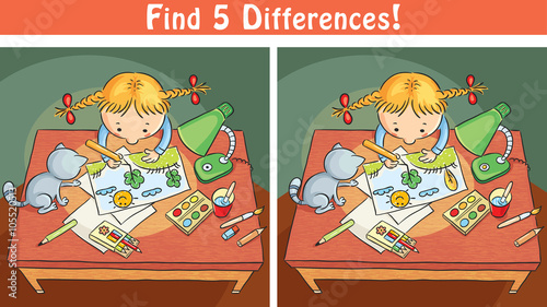Find differences game with a cartoon girl drawing a picture photo