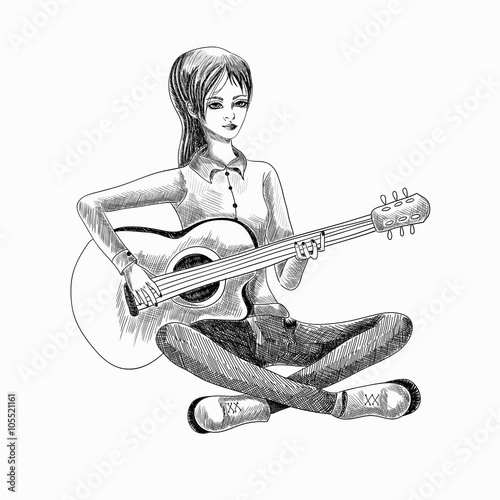 A girl playing on an acoustic guitar. Musician. Black and white illustration. Sketch