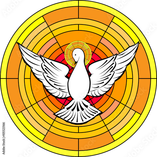 Holy Spirit symbol dove with halo and seven rays of fire, symbols of the gifts of the Holy Spirit. Abstract vector illustration