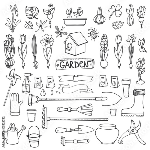 Spring garden doodles.Flowers,bulbs,plants,tools