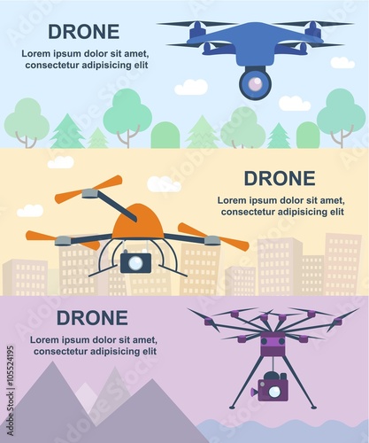 Flying drone flat banners. Vector banners with flying quadrocopters in flat style. Remote aerial quadrocopters with a camera. Drone horizontal banners set 