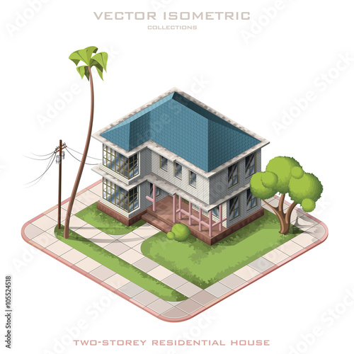 Isometric icon representing modern house with backyard