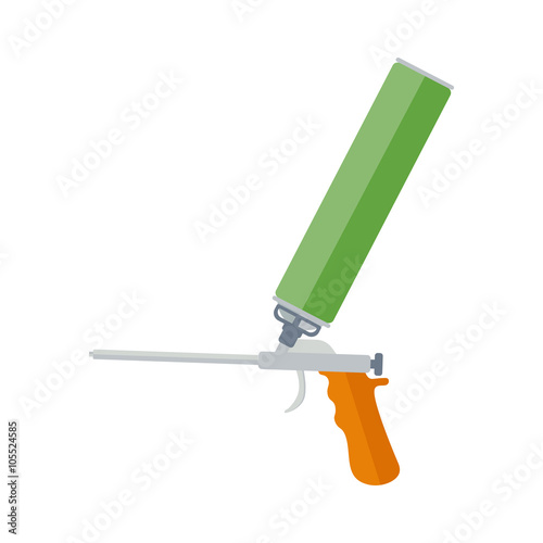 Foam gun flat vector illustration. The tool for repair and installation of plastic windows. Metal gun with yellow handle and foam cylinder. Foam gun isolated vector on  white background.