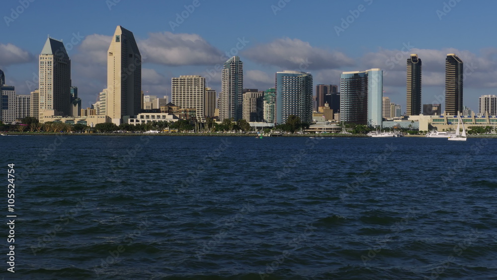 San Diego Skyline Downtown Tilt Up from Ocean. 4k San Diego Skyline Downtown Tilt Up from Ocean. 4k