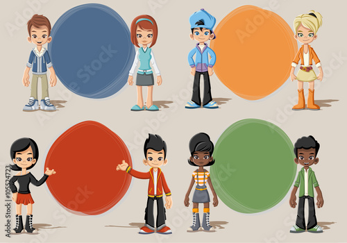 Template for advertising brochure with cartoon young people. Teenagers.
