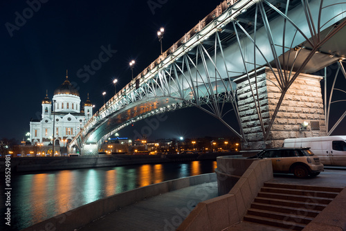 Night view on the Cathedral of Christ the Savior from another side of the river from embankment, Moscow 2015