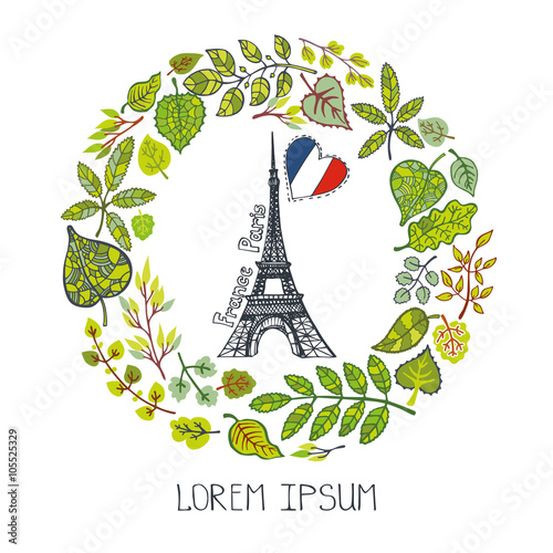 Spring in Paris.Green Leaves wreath, Eiffel tower