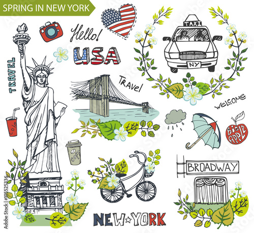 Spring in New York.Famous landmarks,floral decor set