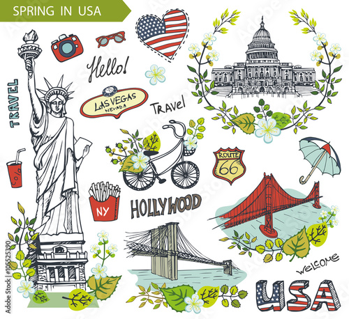 Spring in USA.Famous landmarks,floral decor set