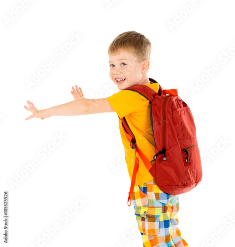 little boy child white background studio isolated with orange backpack