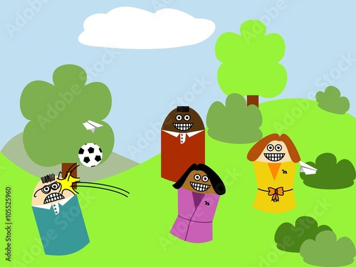 kids playing with a ball outside. Multi racial group of boys and girls