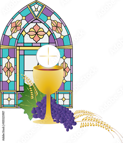 Eucharist symbol of bread and wine, chalice and host, with wheat ears wreath and grapes, with a cross. First communion illustration, with stained glass church window.