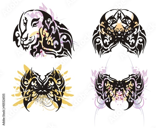 Grunge dog head and butterfly from it. Tribal dog portrait and butterfly wings splashes formed of her ear