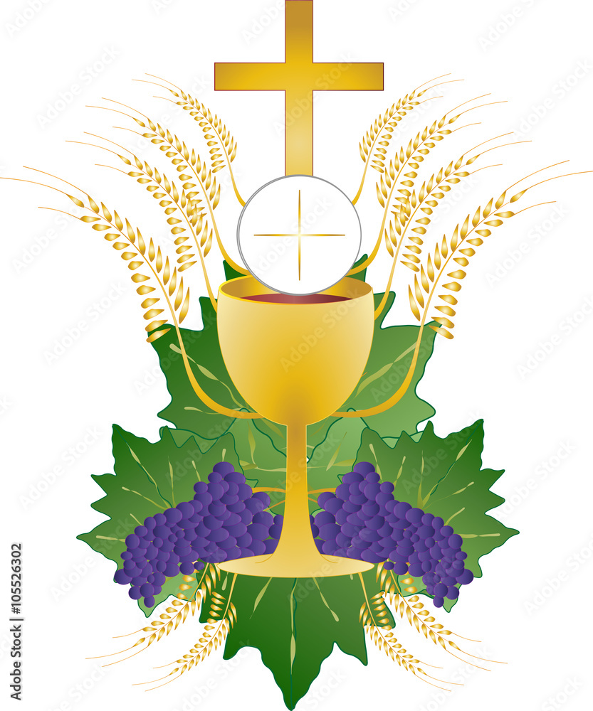 Naklejka premium Eucharist symbol of bread and wine, chalice and host, with wheat ears wreath and grapes, with a cross. First communion illustration.