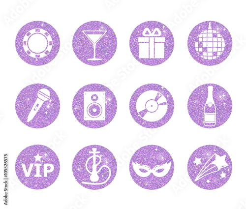 A collection of sparkling violet glitter stylized fancy night club and party circle icons. Music, sound, drink, hookah, disco ball, vip, star, etc.