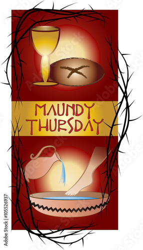Maundy Thursday, Good or Holy Thursday color vector illustration with washing of the feet and the Eucharist.