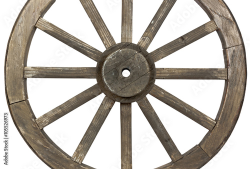 Side view of weathered  wooden wagon wheel on white