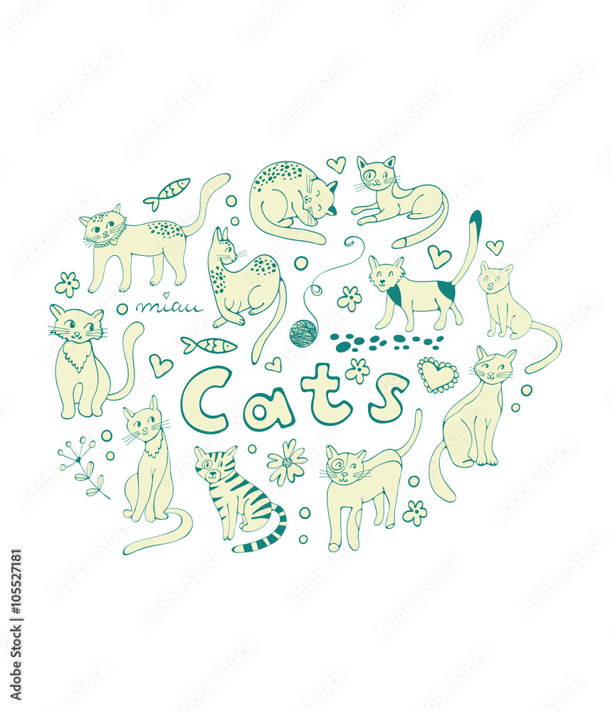 Cute hand drawn cats colorful set arranged in round composition Cute hand drawn cats colorful set arranged in round composition
