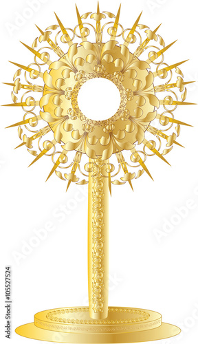 Golden monstrance for Eucharistic adoration of the Blessed Sacrament. Vector illustration.