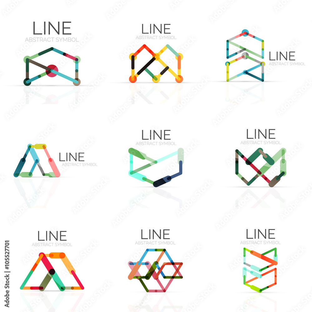 Set of linear abstract logos, connected multicolored segments lines in geometrical figures Set of linear abstract logos, connected multicolored segments lines in geometrical figures