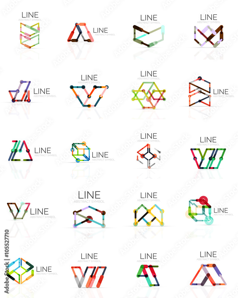 Set of linear abstract logos, connected multicolored segments lines in geometrical figures Set of linear abstract logos, connected multicolored segments lines in geometrical figures