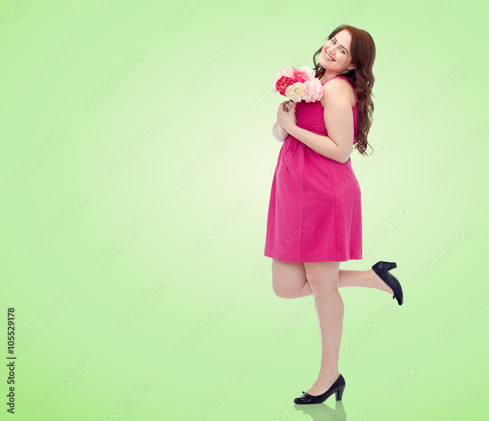 happy young plus size woman with flower bunch happy young plus size woman with flower bunch