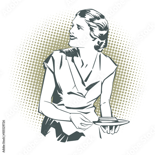 Stock illustration. People in retro style pop art and vintage advertising. Girl waitress.