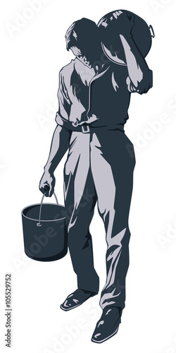 Stock illustration. Male worker carries buckets of paint