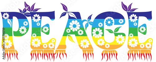 Word Peace - a colorful vector hippie style illustration in rainbow peace flag colors