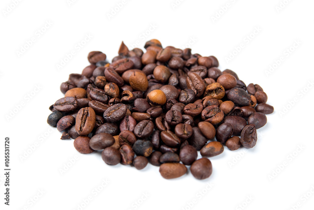 Roasted coffee beans on a white background Roasted coffee beans on a white background