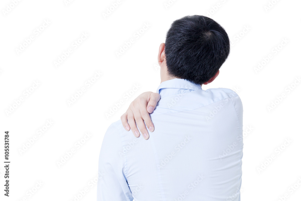 Young Asian businessman having shoulder pain in white isolated Young Asian businessman having shoulder pain in white isolated