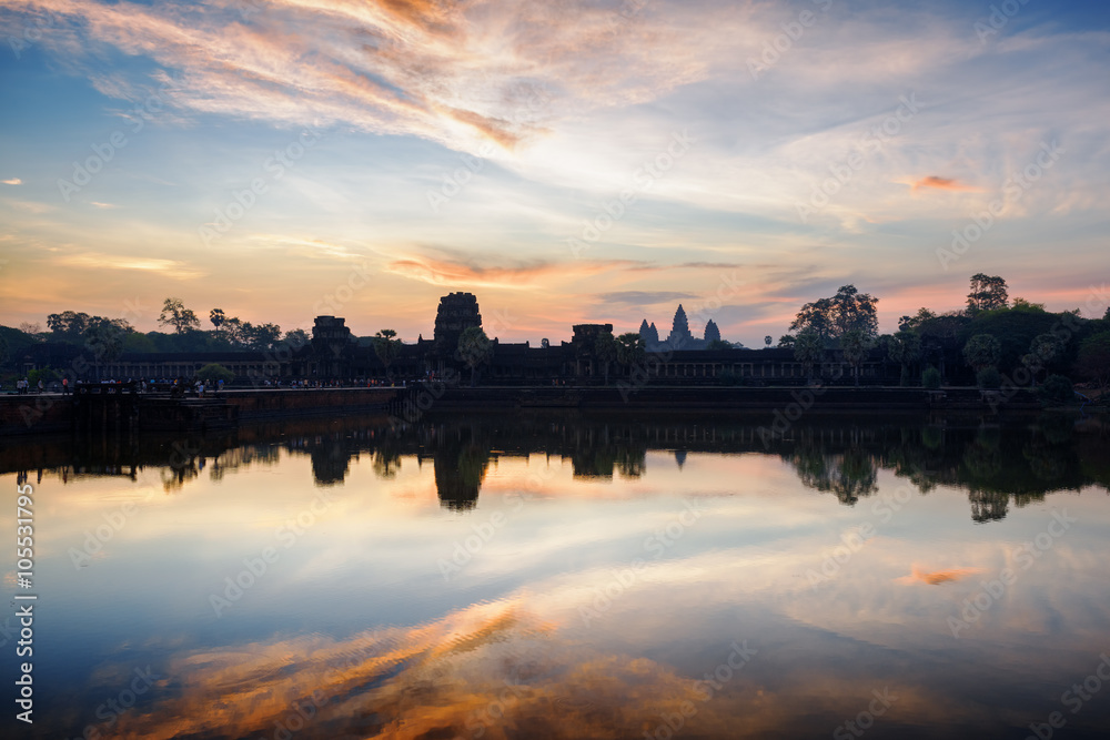 Ancient temple Angkor Wat at sunrise. Siem Reap, Cambodia