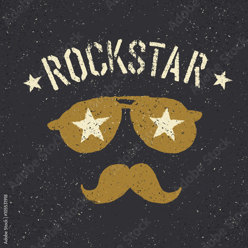 Rockstar. Sunglasses with stars and moustache with lettering. Te