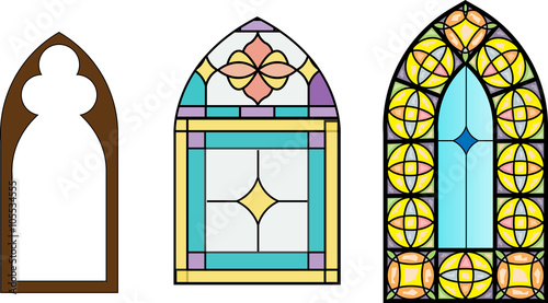 Church stained glass windows, vector illustration in color and line drawing.