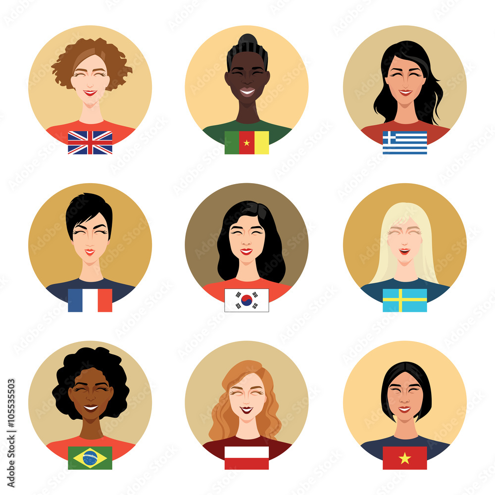 Set of vector icons - people of different nationalities. Girls Set of vector icons - people of different nationalities. Girls