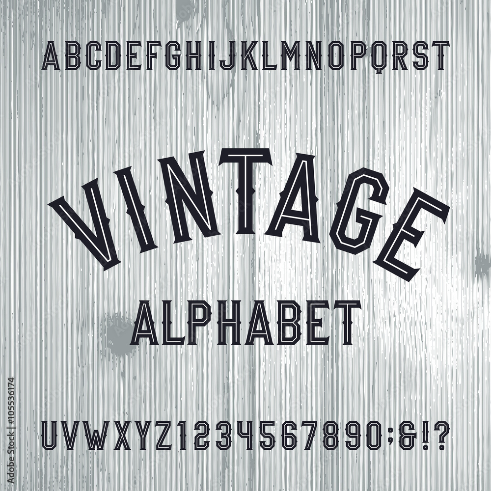 Vintage style alphabet vector font. Letters and numbers on the light ...